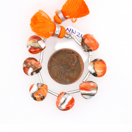 Orange Spiny Oyster Drops Heart Shape 10x10mm Drilled Beads 7 Pieces Line