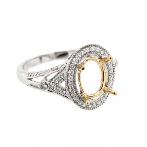 Oval 9X7mm Ring Semi Mount in 14K Dual Tone (White/Yellow Gold) With White Diamonds (RG1962)