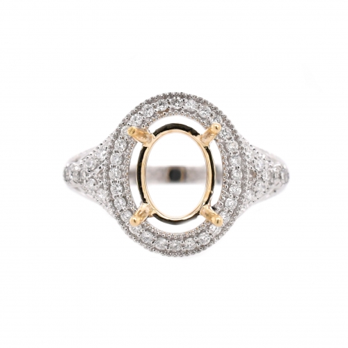 Oval 9X7mm Ring Semi Mount in 14K Dual Tone (White/Yellow Gold) With White Diamonds (RG1962)