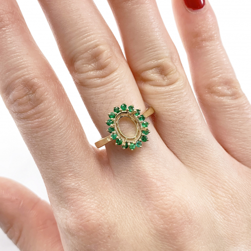 Oval 9x7mm Ring Semi Mount In 14k Yellow Gold With Emerald Accents
