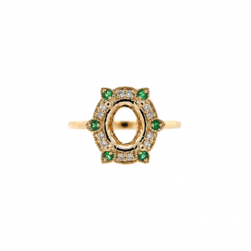 Oval 9x7mm Ring Semi Mount in 14K Yellow Gold With Emerald and Diamond Accents