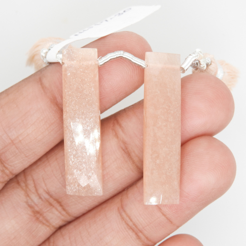 Peach Moonstone Drops Baguette Shape 31x7mm Drilled Beads Matching Pair