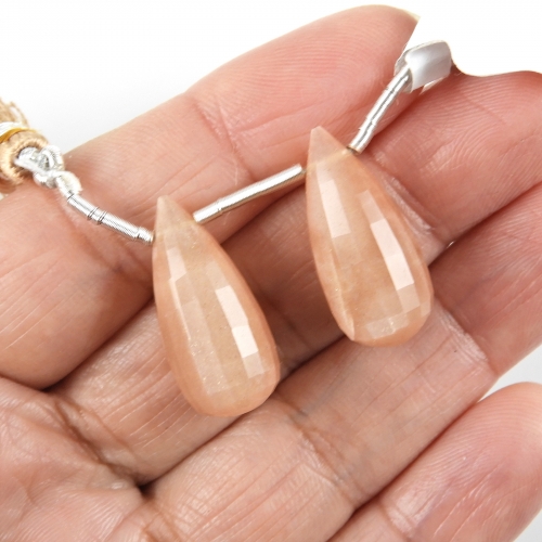 Peach Moonstone Drops Briolette Shape 23x10mm Drilled Beads Matching Pair