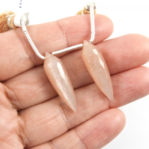 Peach Moonstone Drops Briolette Shape 27x8mm Drilled Beads Matching Pair