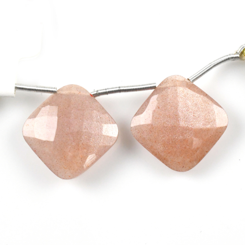Peach Moonstone Drops Cushion Shape 17x17mm Drilled Beads Matching Pair