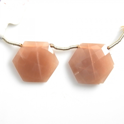 Peach Moonstone Drops Hexagon Shape 21x21mm Drilled Beads Matching Pair