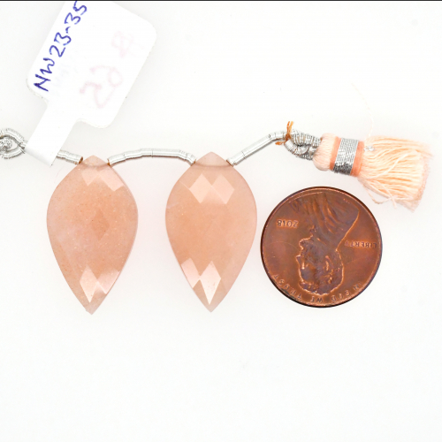 Peach Moonstone Drops Leaf Shape 25x14mm Drilled Beads Matching Pair