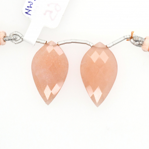 Peach Moonstone Drops Leaf Shape 25X14mm Drilled Beads Matching Pair
