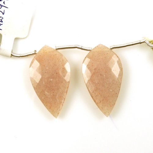 Peach Moonstone Drops Leaf Shape 29x16mm Drilled Beads Matching Pair