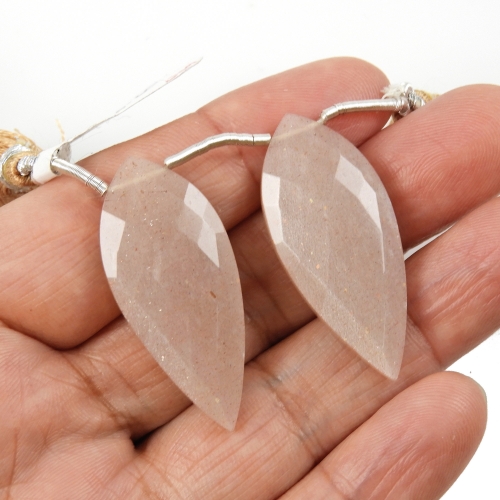 Peach Moonstone Drops Leaf Shape 36x15mm Drilled Beads Matching Pair