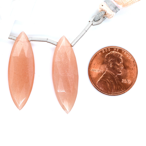 Peach Moonstone Drops Marquise Shape 30x10mm Drilled Bead Matching Pair