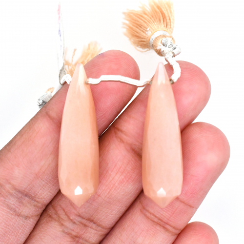 Peach Moonstone Drops Okra Shape 33x9mm Drilled Beads Matching Pair