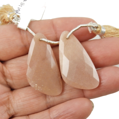 Peach Moonstone Drops Wing Shape 33x17mm Front To Back Drilled Beads Matching Pair
