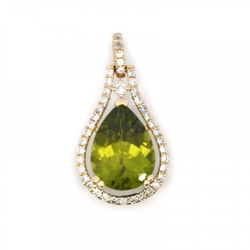 Peridot Pear Shape 3.09 Carat Pendant In 14K  Yellow Gold Accented With Diamonds