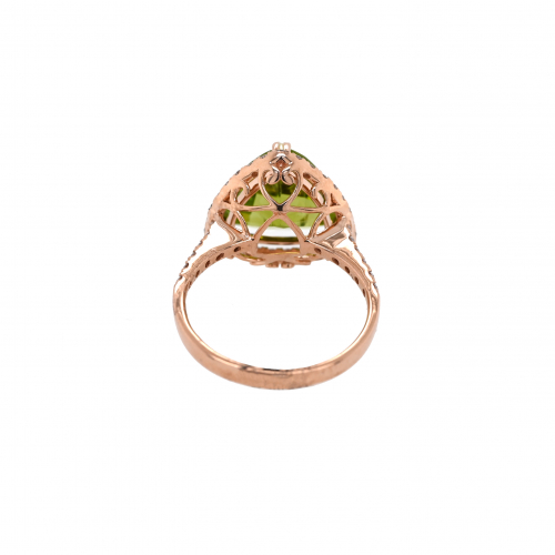 Peridot Trillion 4.26 Carat Ring With Accent Diamonds In 14k Rose Gold
