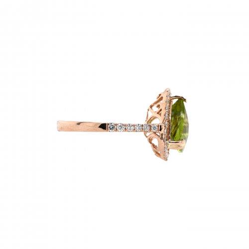 Peridot Trillion 4.26 Carat Ring With Accent Diamonds In 14k Rose Gold