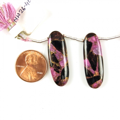 Pink Copper Obsidian Drops Oval 32x11mm Drilled Beads Matching Pair