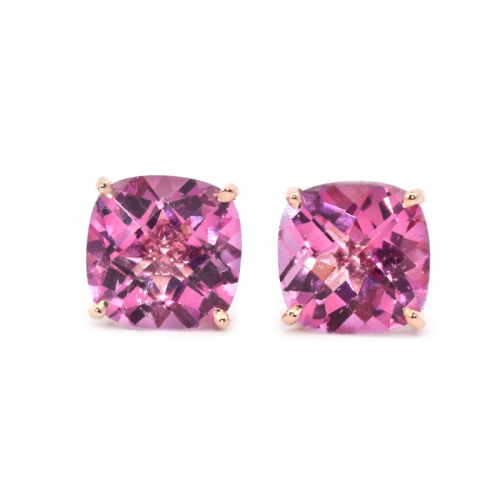 Pink Topaz Cushion  Shape 13.70 Carat Stud Earring In 14k Rose Gold
