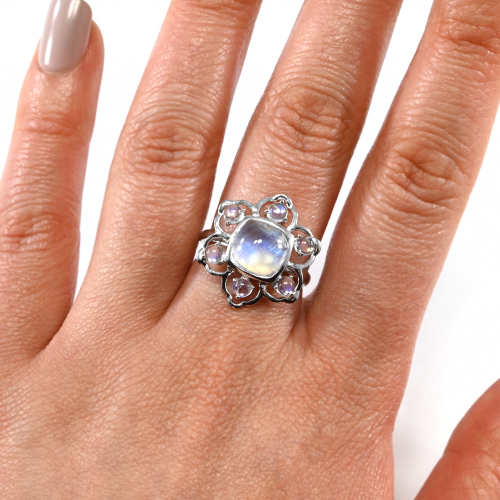 Rainbow Moonstone Cab Cushion And Round Shape Total Weight 2.94carat Ring In 14k White Gold