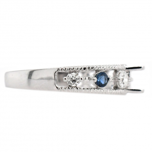 Round 4.5mm Ring Semi Mount in 14K White Gold With White Diamonds & Sapphire(RG3443)