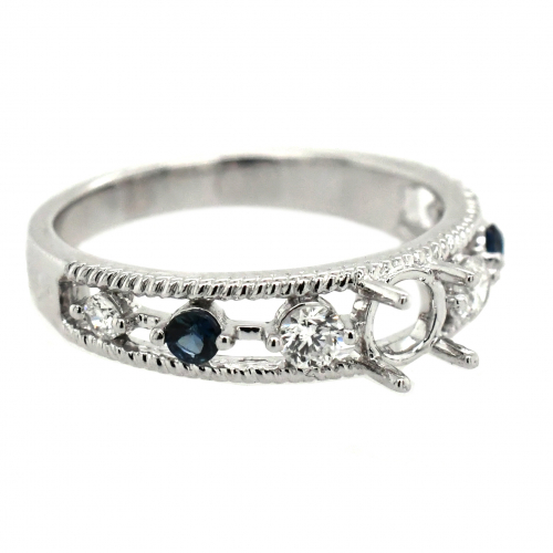 Round 4.5mm Ring Semi Mount in 14K White Gold With White Diamonds & Sapphire(RG3443)