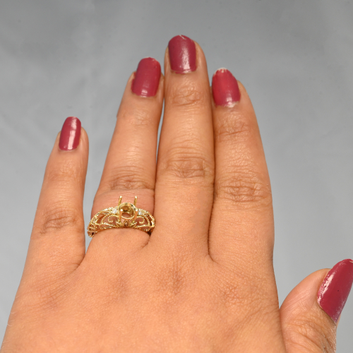 Round 6x6mm  Filigree  Ring Semi Mount In 14k Yellow Gold With White Diamond