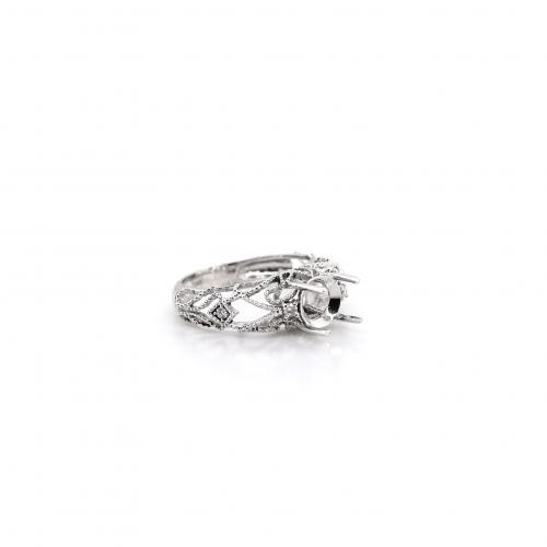 Round 7x7mm Filigree Ring Semi Mount In 14K White Gold With Diamond Accents