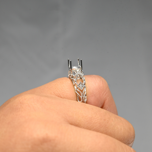 Round 7x7mm Filigree Ring Semi Mount In 14k White Gold With White Diamond