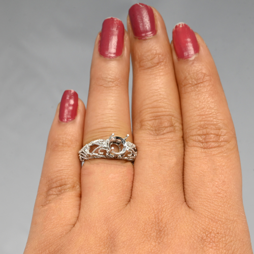 Round 7x7mm Filigree Ring Semi Mount In 14k White Gold With White Diamond