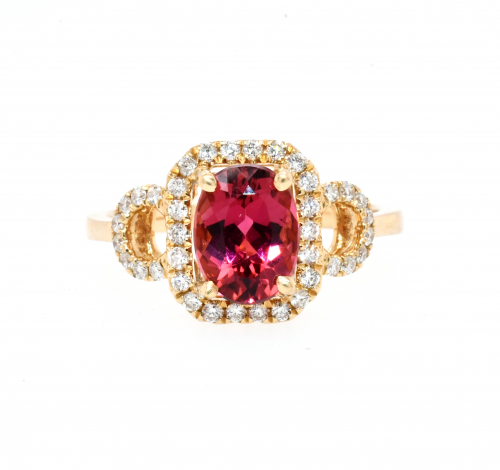 Rubellite Tourmaline Oval 1.37 Carat With Accent Diamonds Halo Engagement Ring In 14K Yellow Gold
