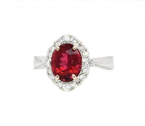 Rubellite Tourmaline Oval 1.93 Carat With Accent Diamonds Halo Ring In 14k White Gold