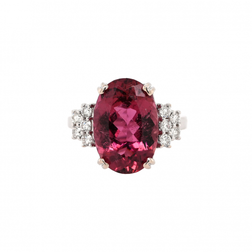 Rubellite Tourmaline Oval 6.57 Carat Ring With Accent Diamonds In 14k White Gold