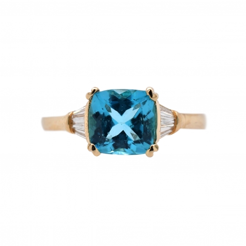 Sky Apatite Cushion 1.53 Carat Ring With Diamond Accent In 14k Yellow Gold