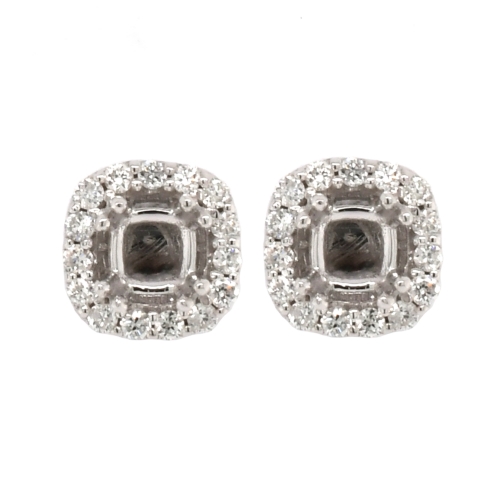 Square Cushion 3.4mm Halo Earring Semi Mount in 14K White Gold With White Diamonds