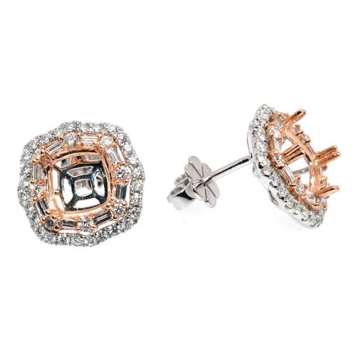 Square Cushion 7mm Earring Semi Mount in 14K Dual Tone (Rose/White) Gold With White Diamonds(ER0254)