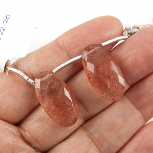 Strawberry Quartz Drops Oval Shape 22x11mm Drilled Beads Matching Pair