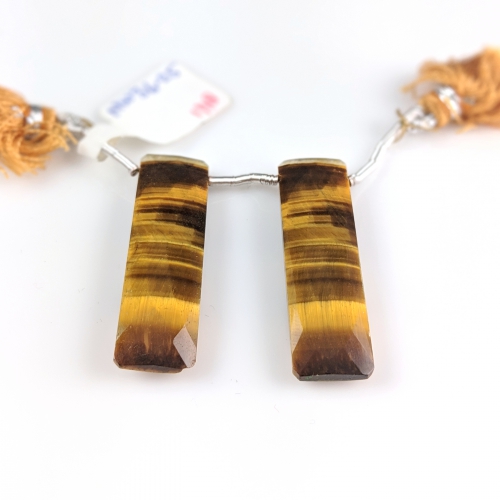 Tiger's Eye Drops Baguette Shape 36x10mm Drilled Beads Matching Pair