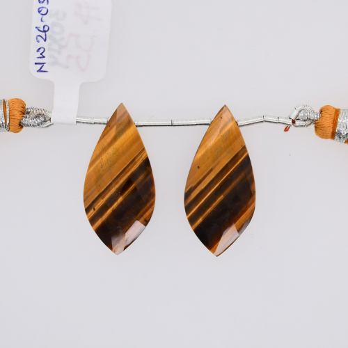 Tiger's Eye Drops Leaf Shape 30x14mm Drilled Beads Matching Pair