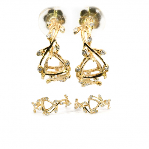 Trillion Shape 6mm Vine Design  Earring  Semi Mount In 14k Yellow Gold With Accented Diamonds