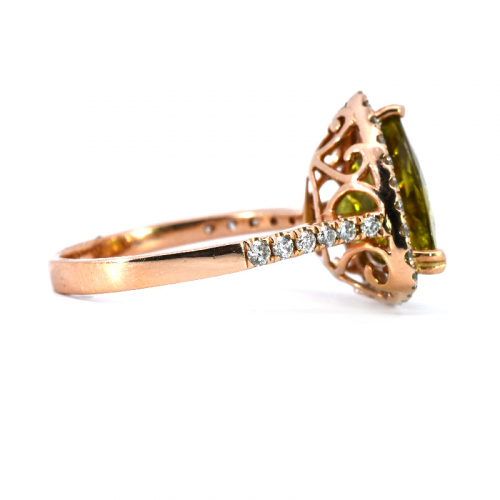 Trillion Shape Sphene 4.81 Carat Halo Ring In 14K Rose Gold Accented With Diamonds