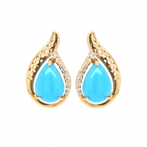 Turquoise 14.49 Carat With Accented Diamond Stud Earring In 14k Yellow Gold