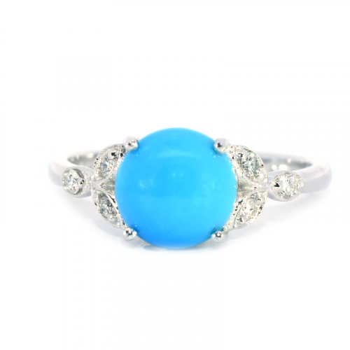 Turquoise Cab  Round 1.85 Carat  Ring In 14k White Gold Accented With Diamonds