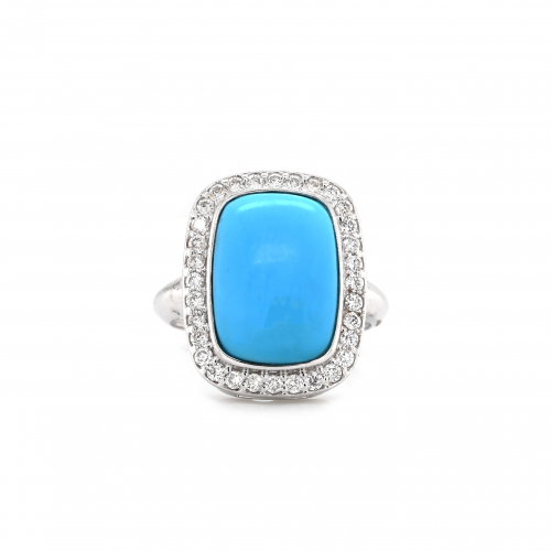 Turquoise Cab Cushion Shape 5.60 Carat Bezel Set Ring With Diamond Accents In 14k White Gold