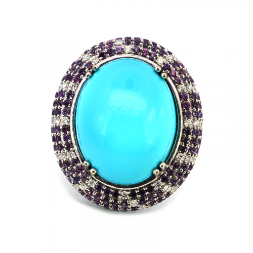 Turquoise Cab Oval 28.70 Carat Cocktail Ring In 14k White Gold Accented With Diamonds And Purple Sapphire