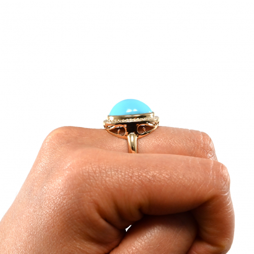 Turquoise Cab Oval 7.44 Carat Ring In 14k Yellow Gold With Diamond Accent