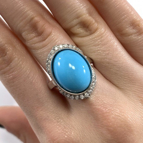 Turquoise Cab Oval 9.32 Carat Ring With Accent Diamonds In 14k White Gold