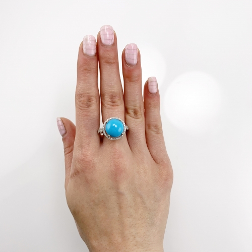 Turquoise Cab Round 5.40 Carat Ring with Diamond Accent in 14K White Gold