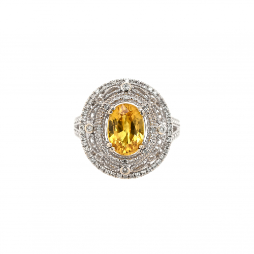 Vintage Style Yellow Sapphire 2.90 Carat And Diamond Halo Ring, With  In 14k White Gold