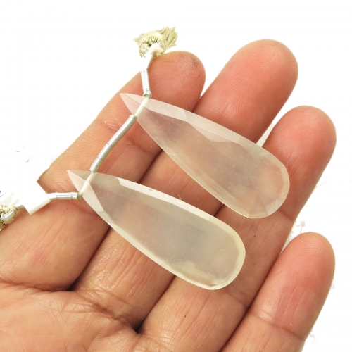 White Moonstone Drops Almond Shape 40x14mm Drilled Beads Matching Pair
