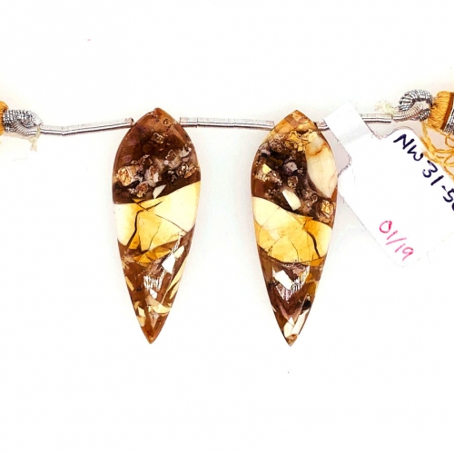 Wood Jasper Drops Leaf Shape 35x12mm  Drilled Beads Matching Pair